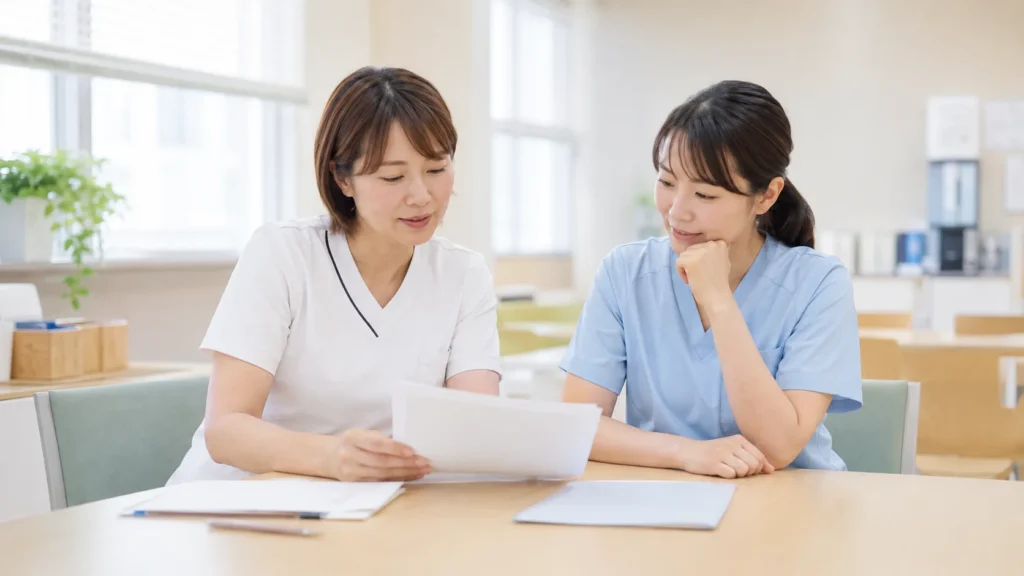 看護と介護の役割分担を相談する看護師
