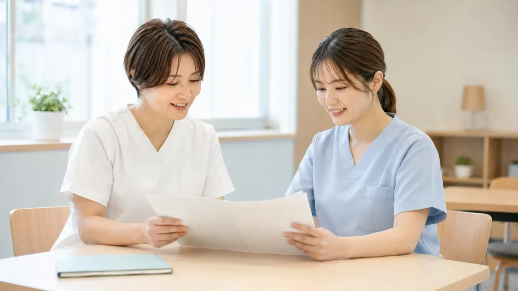 研修や同行体制を確認する看護師