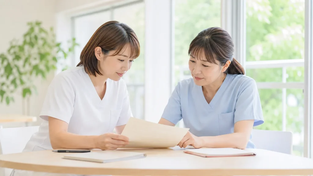 クリニックの教育体制を質問リストで確認する場面
